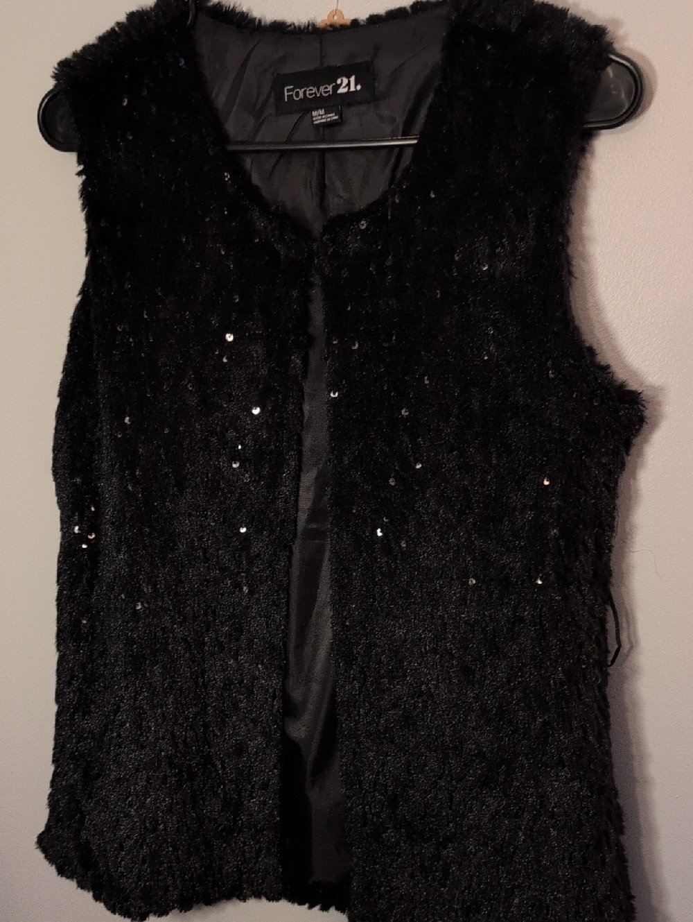 Forever 21 Black Sequin Faux Fur Vest